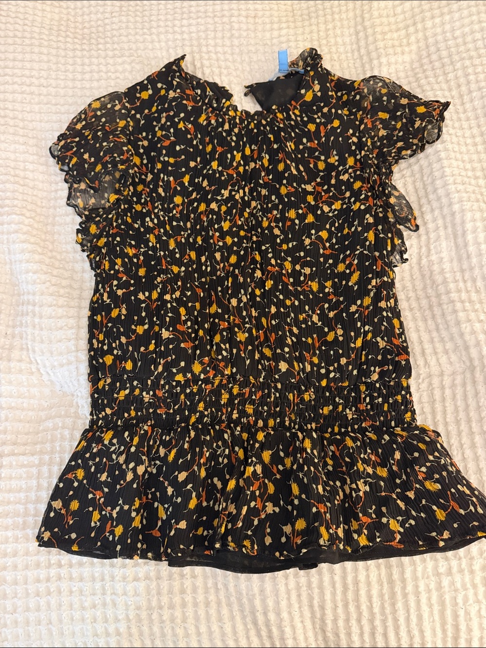 Draper James Black Smocked Floral Ruffle Sleeve Top